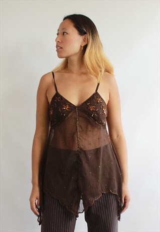 BROWN SHEER EMBRODIERY TOP TUNIC