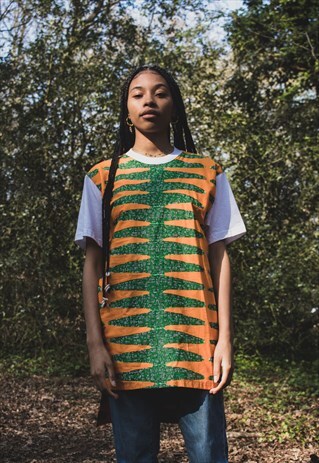 GREEN AND ORANGE AFRICAN PRINT LONGLINE TOP