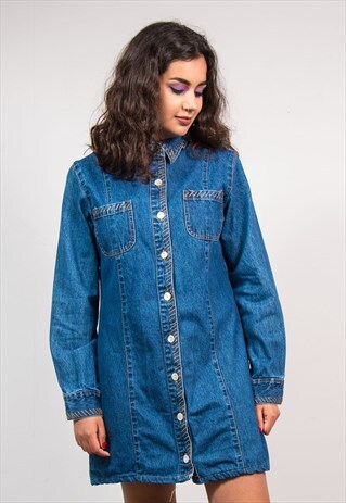 VINTAGE 90'S BLUE DENIM LONG SLEEVE BUTTON FRONT MINI DRESS