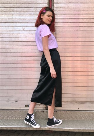 VINTAGE BLACK SATIN MIDI SLIP SKIRT