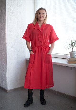 VINTAGE 80'S MIDI MINIMAL RED SHORT SLEEVED DRESS