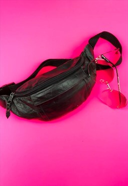90s Vintage Black Leather Bumbag Cross Body Bum Bag
