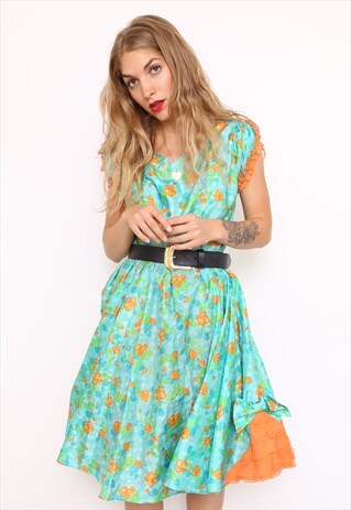 VINTAGE 60S GREEN ORANGE FLORAL PARTY DRESS