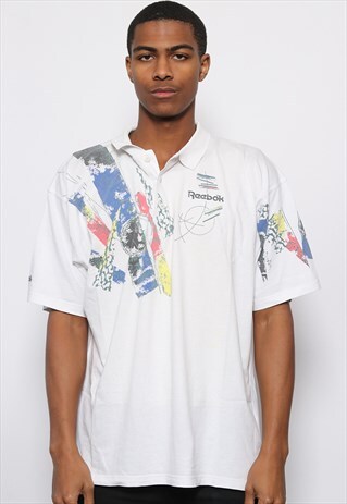 VINTAGE REEBOK LOGO PATTERN POLO SHIRT WHITE