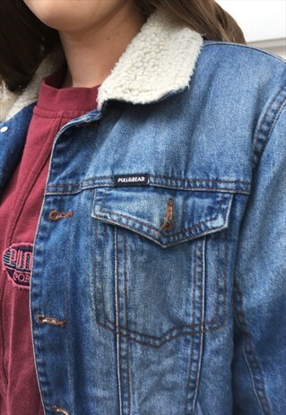 WOMENS BLUE DENIM FAUX FUR SHERPA SHEARLING COLLAR JACKET