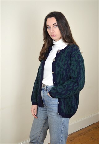 90S VINTAGE GREEN & NAVY PATTERN BUTTON UP CARDIGAN