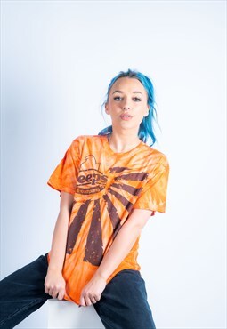 Vintage Tie-Dye T-shirt 1990s in Orange with Peeps Print
