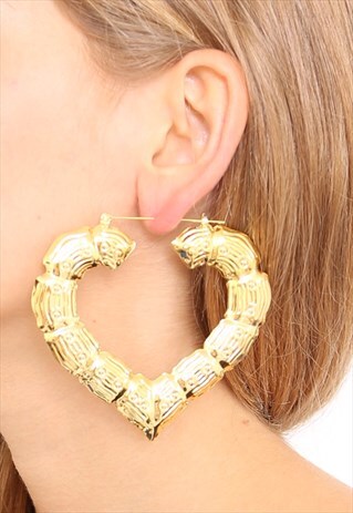 GOLD OVERSIZED BAMBOO HEART HOOP EARRINGS