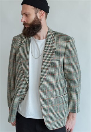 VINTAGE 70S CHECKERED BLAZER IN OFF GREEN