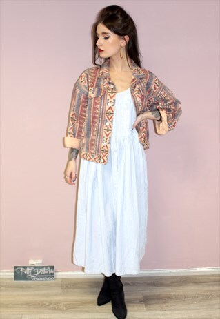 VINTAGE 90S STYLE AZTEC PATTERN DENIM FESTIVAL JACKET