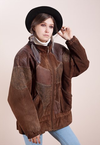 AMAZING OVERSIZED BROWN REAL LEATHER AND SUEDE PRINED JACKET