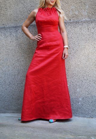 MAXI RED DRESS SUMMER RED LINEN LONG DRESS KAFTAN F1599