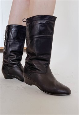 Vintage Slouchy Pixie Knee High Leather Boots in Black