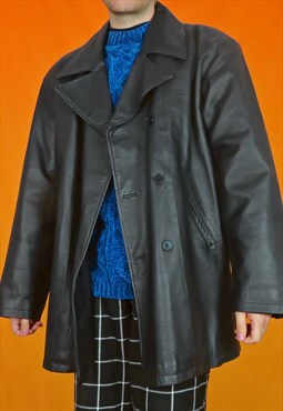 Vintage Real Leather Long Trench Coat Black Jacket 90s Y2K