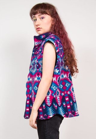 VINTAGE 90'S PINK & BLUE AZTEC PATTERN FLEECE GILET