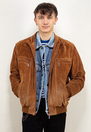 VINTAGE 90'S MEN SUEDE ZIP-UP BOMBER JACKET IN TAN