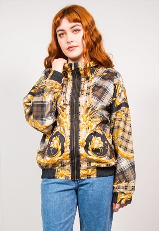 VINTAGE 90'S BROWN CHECKED & GOLD BAROQUE BOMBER JACKET