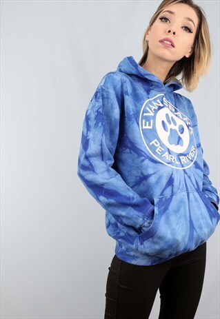 VINTAGE 90S OVERSIZED TIE DYE HOODIE SWEATER BLUE PAW