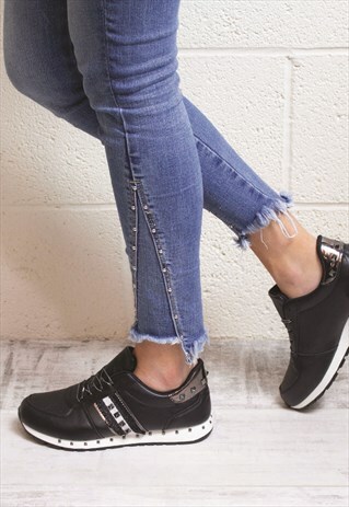 BLACK STUDDED TRIM LACE UP TRAINER