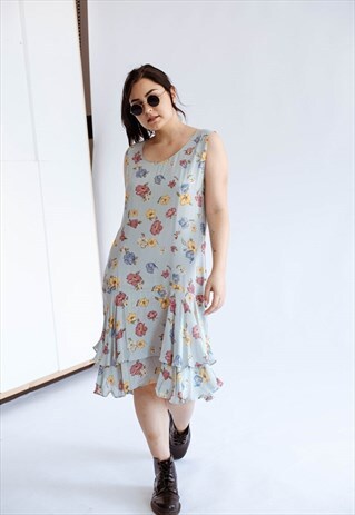 VINTAGE GRUNGE SLEEVELESS FRILL HEM DITSY FLORAL MIDI DRESS