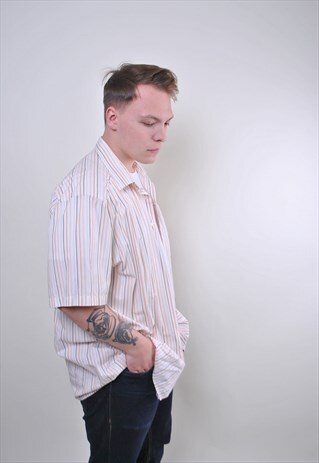 RETRO MAN BEIGE STRIPED SHIRT WITH SHORT SLEEVE