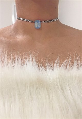 HENDRIX. SOLITARY BLUE OCTAGON CRYSTAL CHOKER NECKLACE