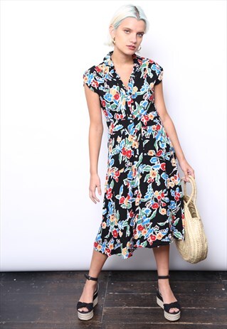 VINTAGE 80S DARK FLORAL PRINT BUTTON MIDI DRESS