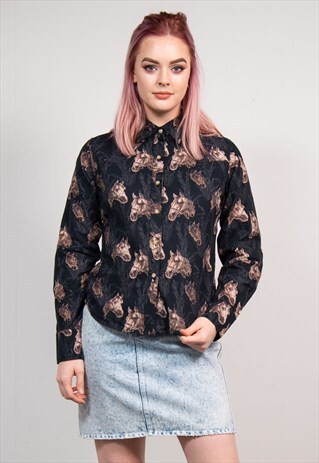 VINTAGE 90'S BLACK HORSE PATTERN WESTERN STYLE SHIRT