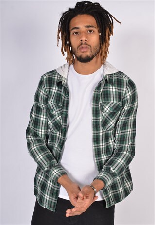 Vintage 90s Lightweight Check Hooded Flannel Shirt Green | Style of the ...