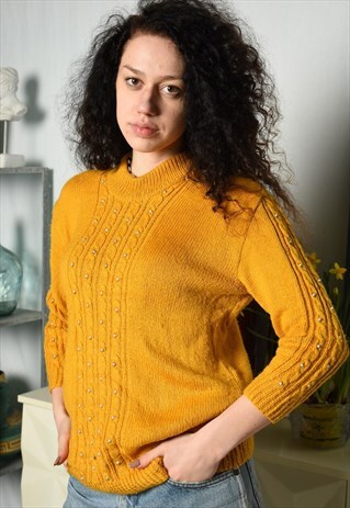 VINTAGE 70S MOD BEADED HANDMADE TEXTURED KNIT JUMPER SWEATER