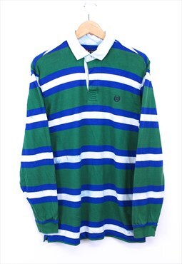 Vintage Chaps Rugby Top Green Blue Striped With Chest Logo