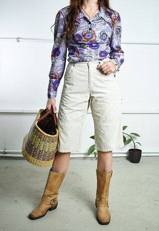 VINTAGE 90S BENETTON HIGHWAISTED DENIM CARGO SHORTS CREAM