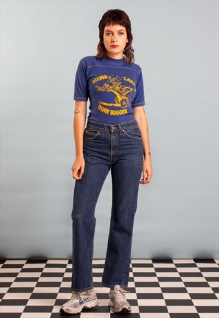 70'S VINTAGE LOGO T-SHIRT RETRO THRIFT BLUE YELLOW GRAPHIC
