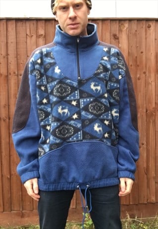 VINTAGE OVERSIZED FLEECE JUMPER SPORTS WINTER 1/4 ZIP AZTEC