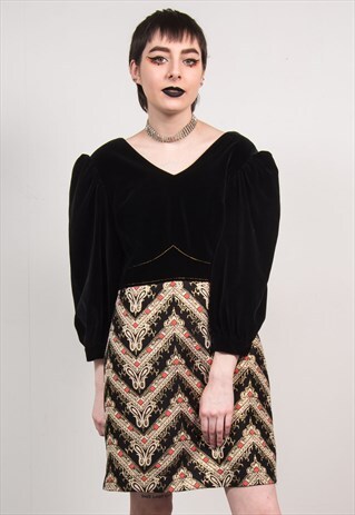 VINTAGE 70'S BLACK VELVET GLITTERY PATTERN DRESS