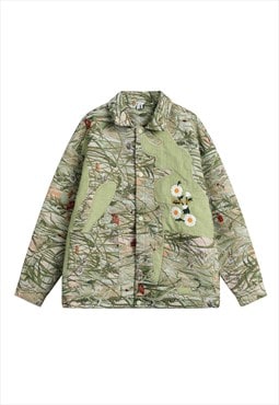 Floral velvet jacket patchwork jean bomber flower coat green
