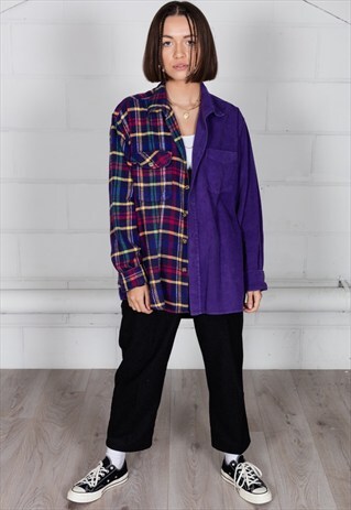 VINTAGE CORDUROY CHECKED FLANNEL RECONSTRUCTED UNISEX SHIRT