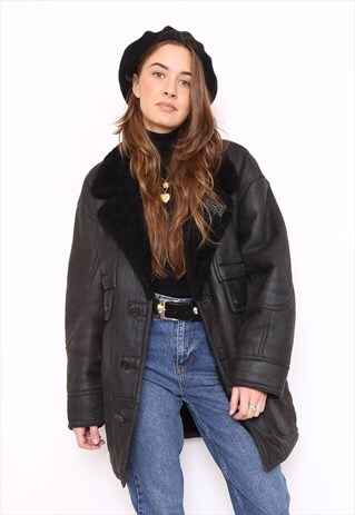 VINTAGE 80S BLACK LEATHER SHEEPSKIN SHEARLING COAT