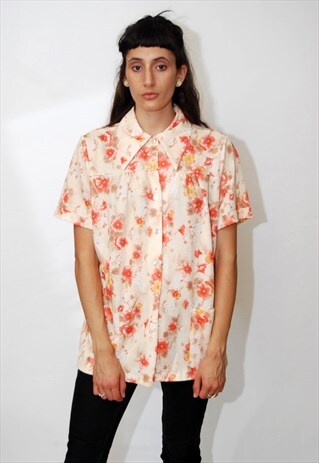VINTAGE FLORAL BLOUSE (L/XL) CREAM TOP MOD SHIRT 60 TROPICAL