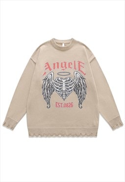 Angel wings sweater bones knit distressed scary jumper beige