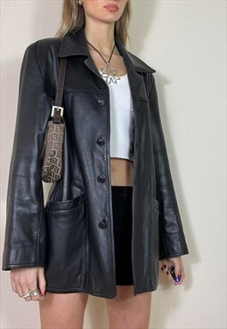 Vintage Y2K 00's Leather Jacket Blazer Grunge Black Oversize