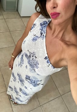 One Shoulder Maxi Dress in White & Blue Floral Knit