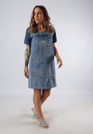 VINTAGE DENIM DRESS BICH REWORKED DUNGAREES UK 8 - 10 (9DDA)