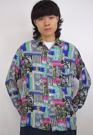 VINTAGE 90S BLACK MULTICOLOURED PATTERN PRINT SHIRT