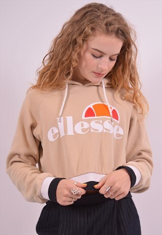 ELLESSE WOMENS VINTAGE CROP HOODIE JUMPER SMALL BEIGE 90S