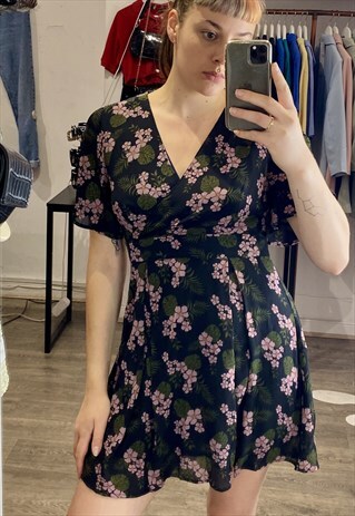 VINTAGE INSPIRED DRESS IN NAVY WITH PINK GREEN FLORAL PRINT
