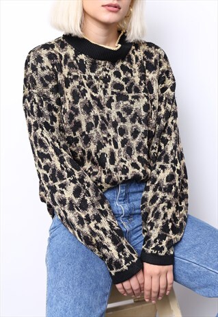 VINTAGE 80S GOLD ANIMAL LEOPARD PRINT JUMPER