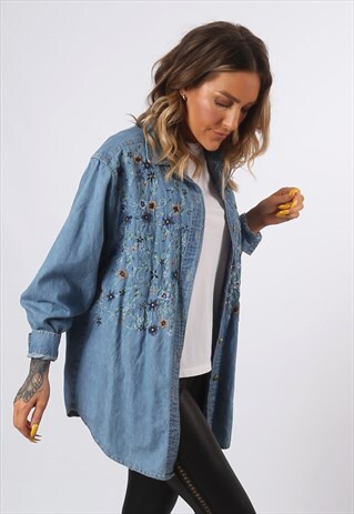 DENIM SHIRT EMBROIDERED FLOWERS FLORAL UK 12 (73-P)