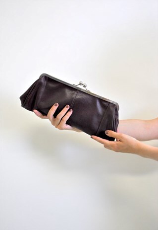 70S VINTAGE BROWN LEATHER CLUTCH, WOMEN EVENING HANDBAG