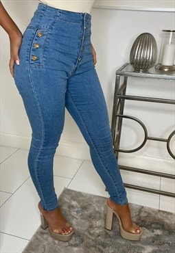 Justyouroutfit Plus Size High Waisted Button Detail Jeans 